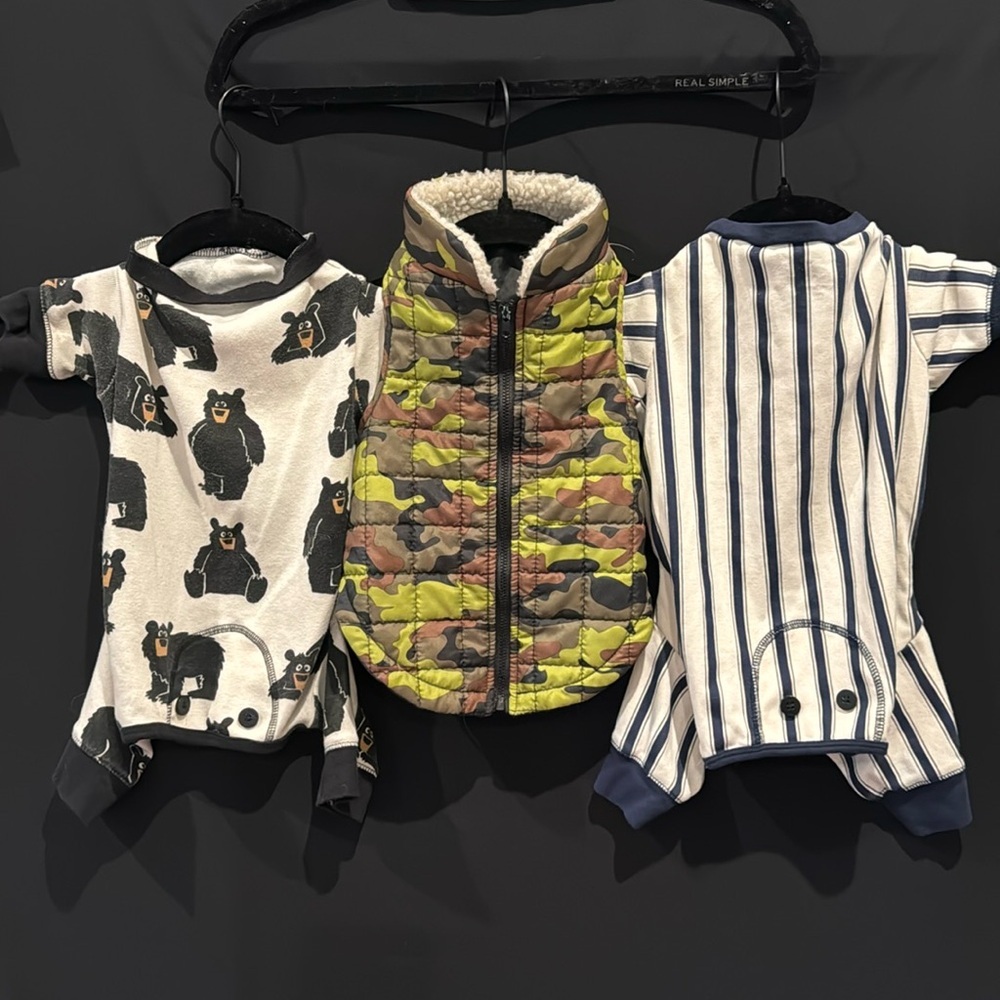 2 Lazy One dog t-shirts Bear & Stripes + SimplyDog Camo Jacket, size M